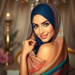 A beautiful Arab woman from the Middle East wearing a hijab, elegantly draped, showcasing her stunning features