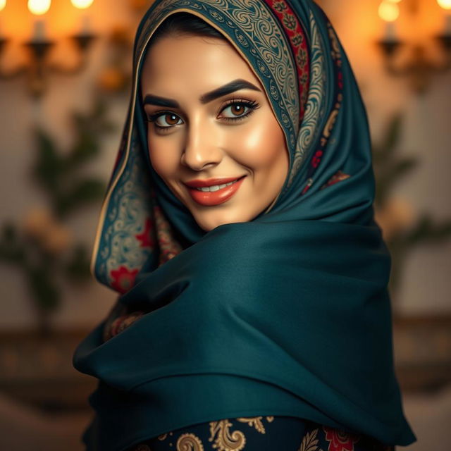 A beautiful Arab woman from the Middle East wearing a hijab, elegantly draped, showcasing her stunning features