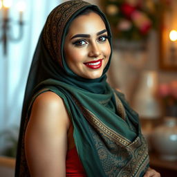 A beautiful Arab woman from the Middle East wearing a hijab, elegantly draped, showcasing her stunning features