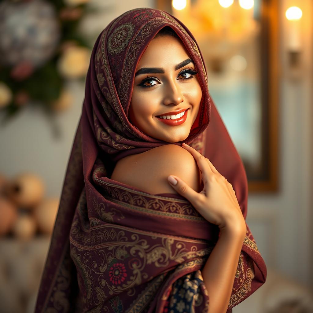 A beautiful Arab woman from the Middle East wearing a hijab, elegantly draped, showcasing her stunning features