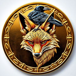 A detailed coin design featuring a stylized fox head at the center, artistically rendered in an intricate style