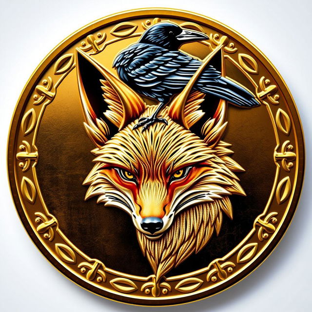 A detailed coin design featuring a stylized fox head at the center, artistically rendered in an intricate style