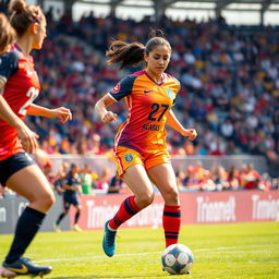 A dynamic action shot of a female football player, number 27, named Amir Abbas