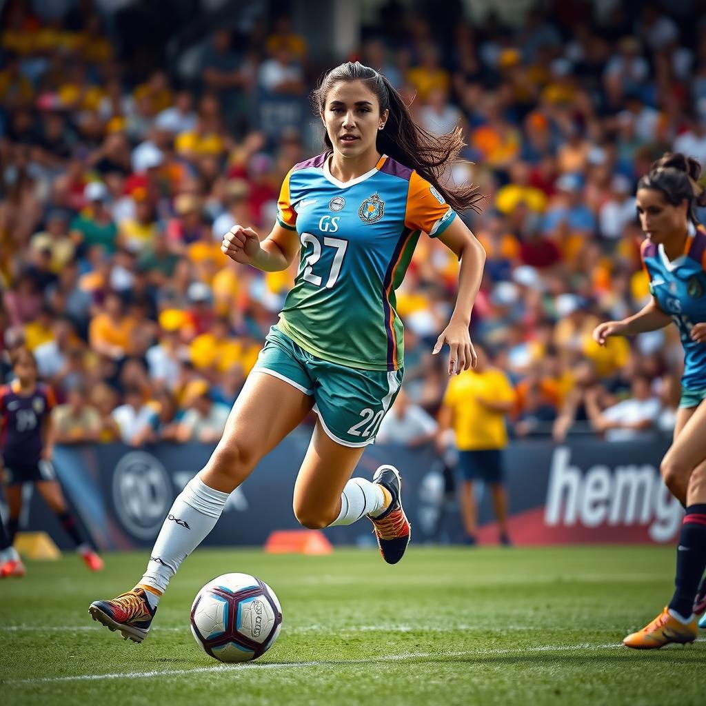 A dynamic action shot of a female football player, number 27, named Amir Abbas