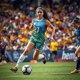 A dynamic action shot of a female football player, number 27, named Amir Abbas