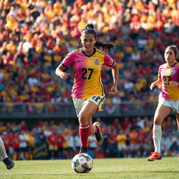A dynamic action shot of a female football player, number 27, named Amir Abbas