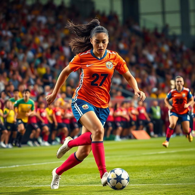 A dynamic action shot of a female football player, number 27, named Amir Abbas