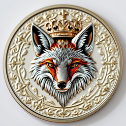 A beautifully designed coin featuring a majestic fox head in the center, adorned with an ornate crown resting atop its head