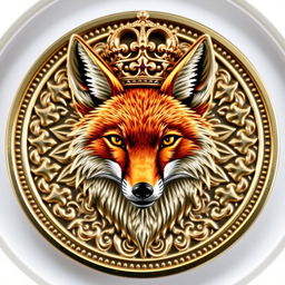 A beautifully designed coin featuring a majestic fox head in the center, adorned with an ornate crown resting atop its head