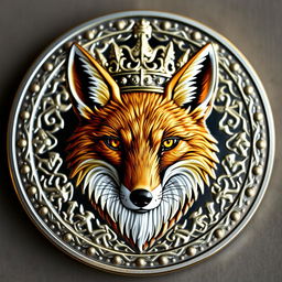 A beautifully designed coin featuring a majestic fox head in the center, adorned with an ornate crown resting atop its head