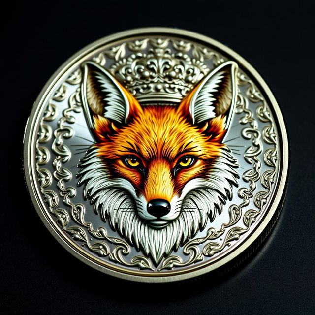 A beautifully designed coin featuring a majestic fox head in the center, adorned with an ornate crown resting atop its head