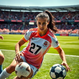 A dynamic football scene featuring a female football player named Amir Abbas, wearing jersey number 27