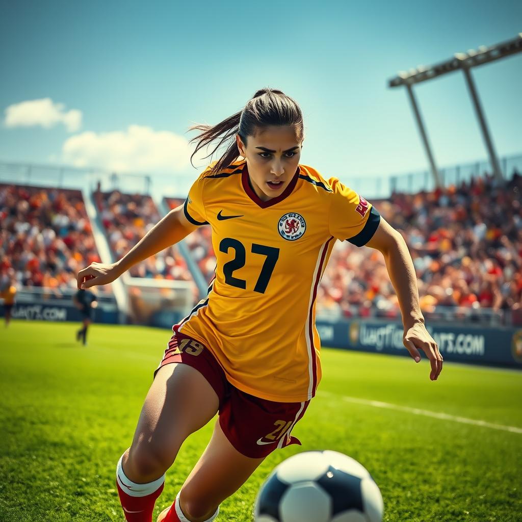 A dynamic football scene featuring a female football player named Amir Abbas, wearing jersey number 27