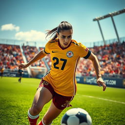 A dynamic football scene featuring a female football player named Amir Abbas, wearing jersey number 27