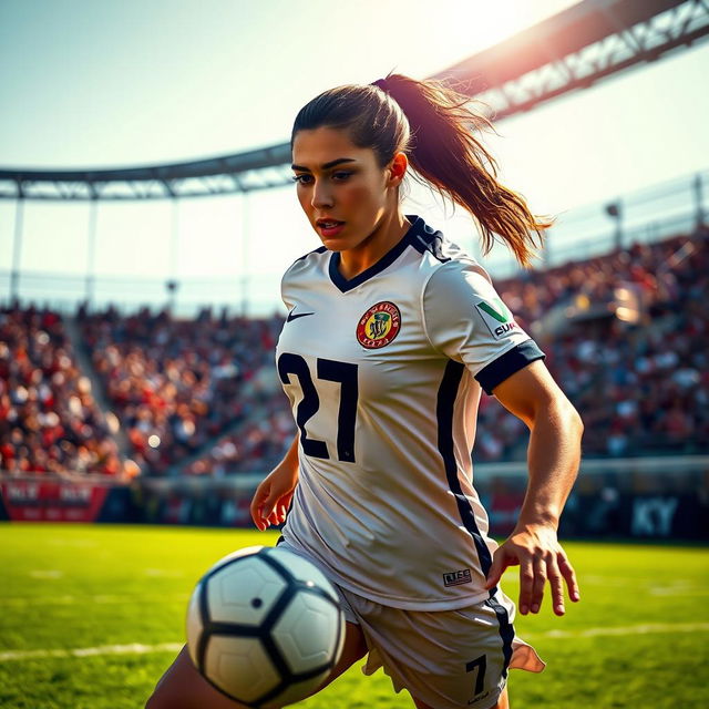 A dynamic football scene featuring a female football player named Amir Abbas, wearing jersey number 27