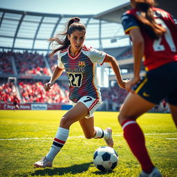 A dynamic football scene featuring a female football player named Amir Abbas, wearing jersey number 27