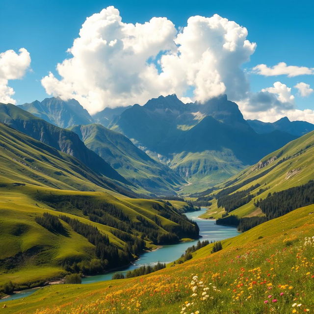 A breathtaking landscape showcasing the beauty of nature, featuring lush green hills under a clear blue sky, a tranquil river winding through the scene, and vibrant wildflowers dotting the meadows