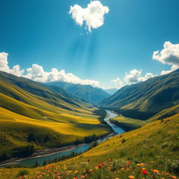 A breathtaking landscape showcasing the beauty of nature, featuring lush green hills under a clear blue sky, a tranquil river winding through the scene, and vibrant wildflowers dotting the meadows