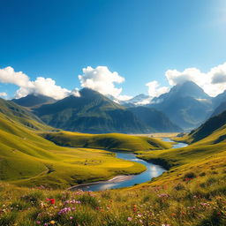 A breathtaking landscape showcasing the beauty of nature, featuring lush green hills under a clear blue sky, a tranquil river winding through the scene, and vibrant wildflowers dotting the meadows