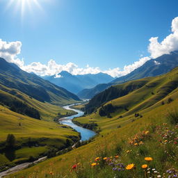 A breathtaking landscape showcasing the beauty of nature, featuring lush green hills under a clear blue sky, a tranquil river winding through the scene, and vibrant wildflowers dotting the meadows