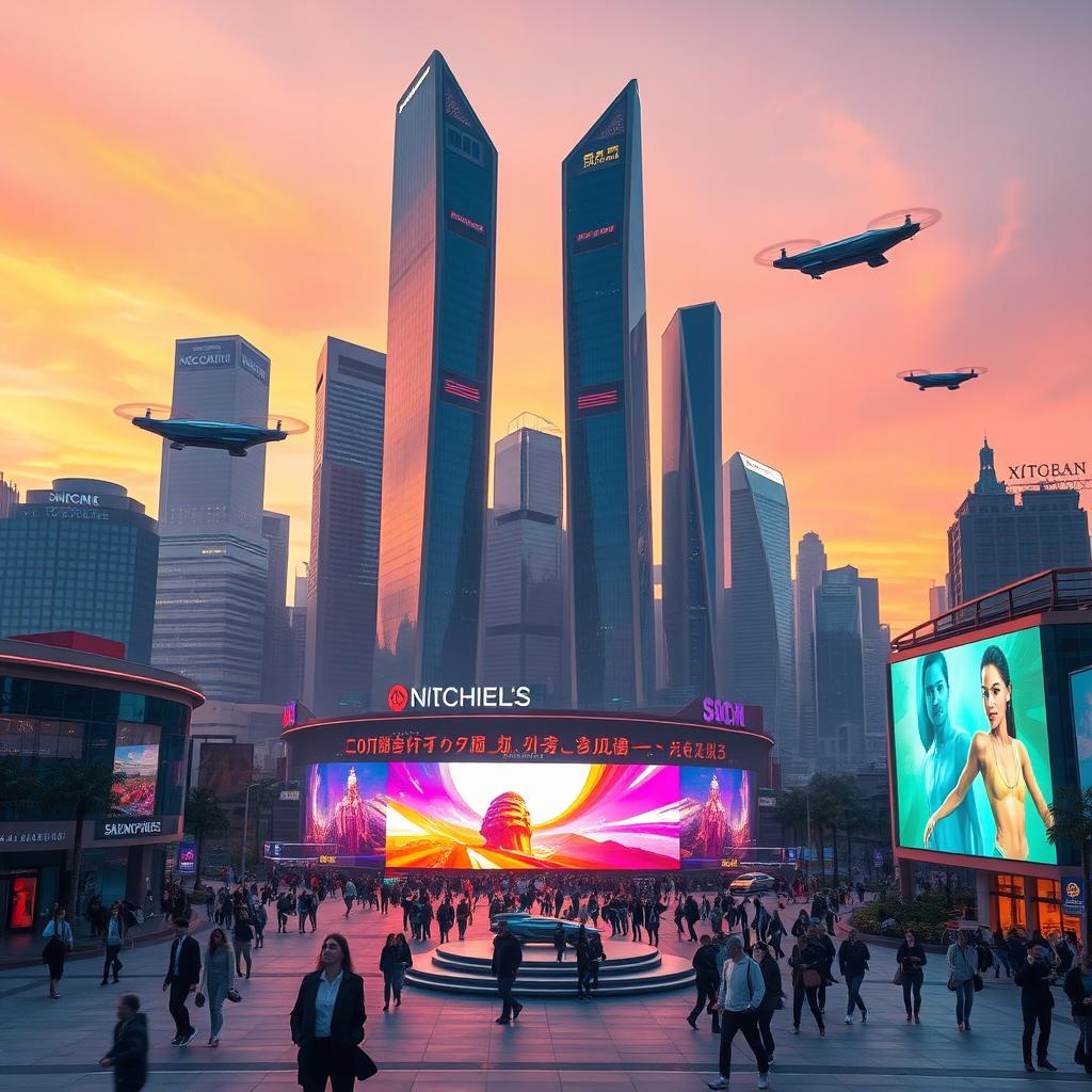 A futuristic cityscape at sunset, featuring sleek skyscrapers with neon lights reflecting on water, flying cars zooming through the air, and people dressed in cutting-edge fashion walking along the bustling streets