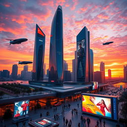 A futuristic cityscape at sunset, featuring sleek skyscrapers with neon lights reflecting on water, flying cars zooming through the air, and people dressed in cutting-edge fashion walking along the bustling streets