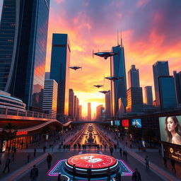 A futuristic cityscape at sunset, featuring sleek skyscrapers with neon lights reflecting on water, flying cars zooming through the air, and people dressed in cutting-edge fashion walking along the bustling streets