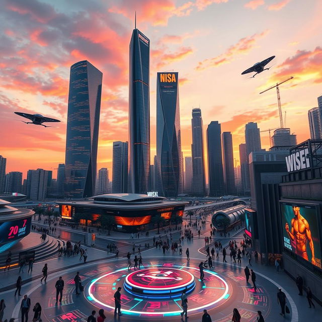 A futuristic cityscape at sunset, featuring sleek skyscrapers with neon lights reflecting on water, flying cars zooming through the air, and people dressed in cutting-edge fashion walking along the bustling streets