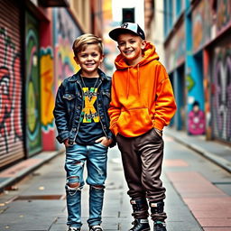 Two boys standing side by side, both wearing trendy urban outfits