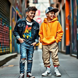 Two boys standing side by side, both wearing trendy urban outfits