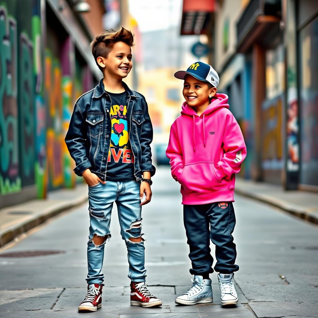 Two boys standing side by side, both wearing trendy urban outfits