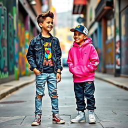 Two boys standing side by side, both wearing trendy urban outfits