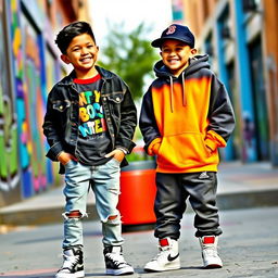 Two boys standing side by side, both wearing trendy urban outfits