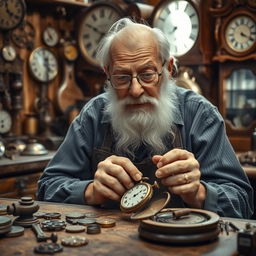 An elderly man who is a master watchmaker, sitting at a vintage wooden workbench surrounded by intricate clock parts and tools