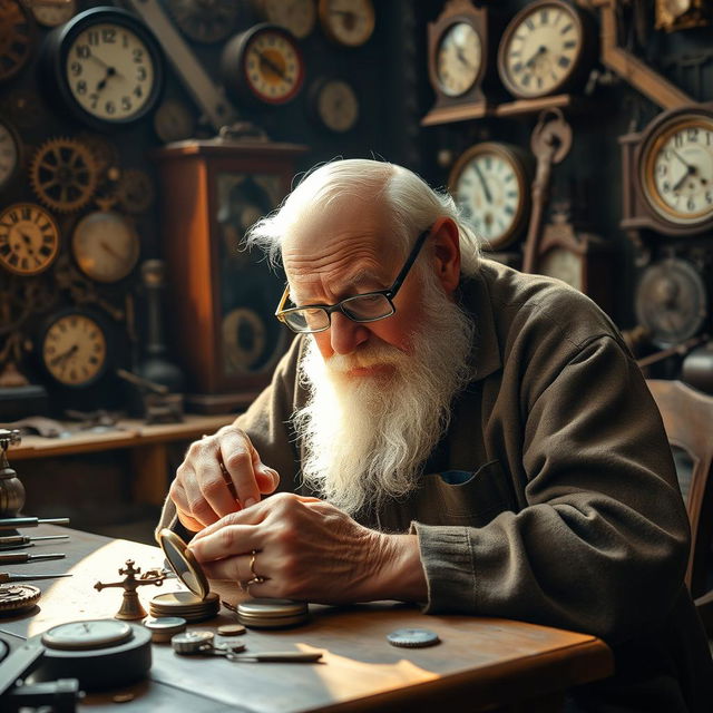 An elderly man who is a master watchmaker, sitting at a vintage wooden workbench surrounded by intricate clock parts and tools