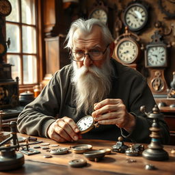 An elderly man who is a master watchmaker, sitting at a vintage wooden workbench surrounded by intricate clock parts and tools