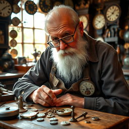 An elderly man who is a master watchmaker, sitting at a vintage wooden workbench surrounded by intricate clock parts and tools