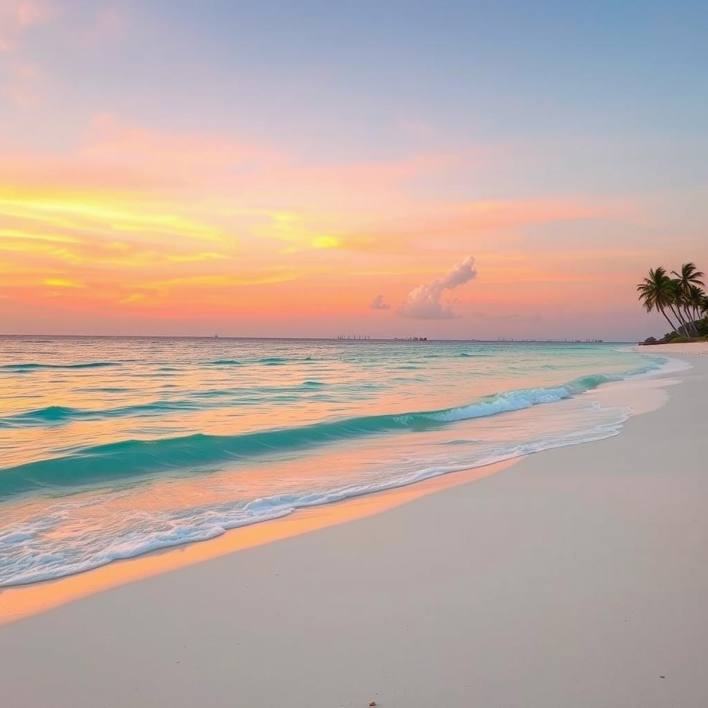 A clean and clear image of a pristine beach at sunrise, showcasing soft white sands and gentle turquoise waves lapping at the shore