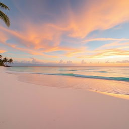 A clean and clear image of a pristine beach at sunrise, showcasing soft white sands and gentle turquoise waves lapping at the shore