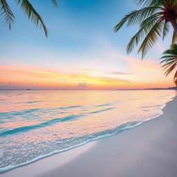 A clean and clear image of a pristine beach at sunrise, showcasing soft white sands and gentle turquoise waves lapping at the shore