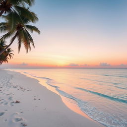 A clean and clear image of a pristine beach at sunrise, showcasing soft white sands and gentle turquoise waves lapping at the shore