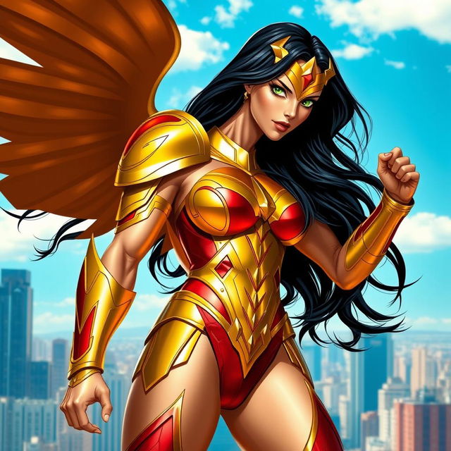 A powerful superheroine inspired by the character Darna, standing proudly with a gleaming, golden armor that reflects the sunlight