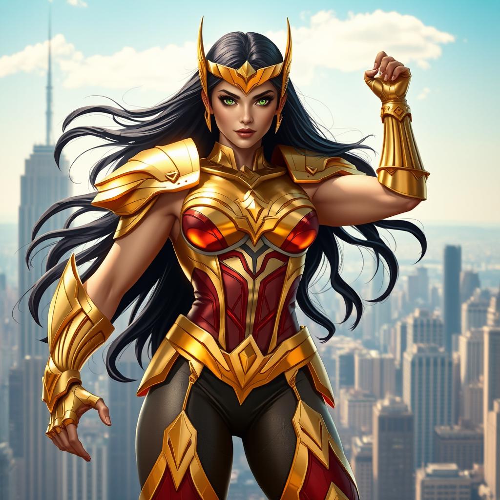 A powerful superheroine inspired by the character Darna, standing proudly with a gleaming, golden armor that reflects the sunlight