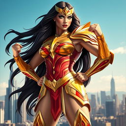 A powerful superheroine inspired by the character Darna, standing proudly with a gleaming, golden armor that reflects the sunlight