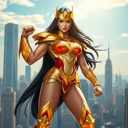 A powerful superheroine inspired by the character Darna, standing proudly with a gleaming, golden armor that reflects the sunlight