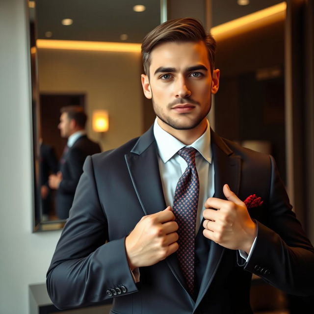 A close-up of a well-dressed man adjusting his tie in front of a mirror