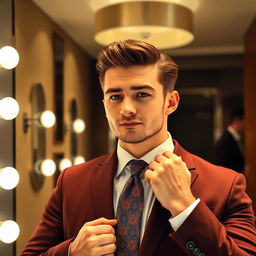 A close-up of a well-dressed man adjusting his tie in front of a mirror