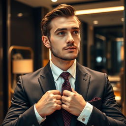 A close-up of a well-dressed man adjusting his tie in front of a mirror