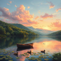 A beautifully detailed landscape painting capturing a serene sunset over a calm lake, surrounded by lush green forests and distant mountains