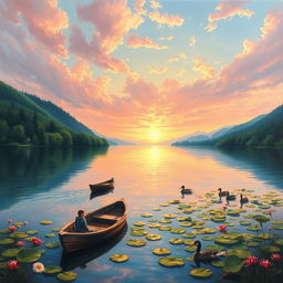 A beautifully detailed landscape painting capturing a serene sunset over a calm lake, surrounded by lush green forests and distant mountains
